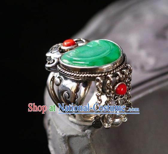 Chinese National Jadeite Carving Cloud Ring Jewelry Traditional Handmade Silver Tassel Circlet Accessories