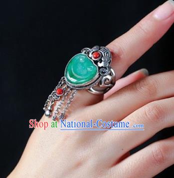 Chinese National Jadeite Carving Cloud Ring Jewelry Traditional Handmade Silver Tassel Circlet Accessories