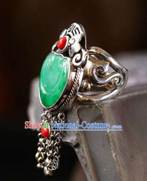 Chinese National Jadeite Carving Cloud Ring Jewelry Traditional Handmade Silver Tassel Circlet Accessories