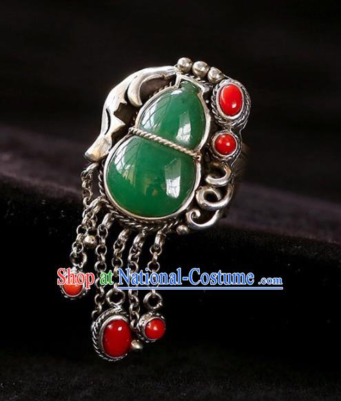 Chinese National Jadeite Gourd Ring Jewelry Traditional Handmade Agate Tassel Circlet Silver Accessories