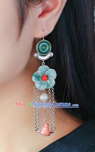 Handmade China National Silver Tassel Earrings Traditional Jewelry Accessories Cheongsam Jade Plum Eardrop