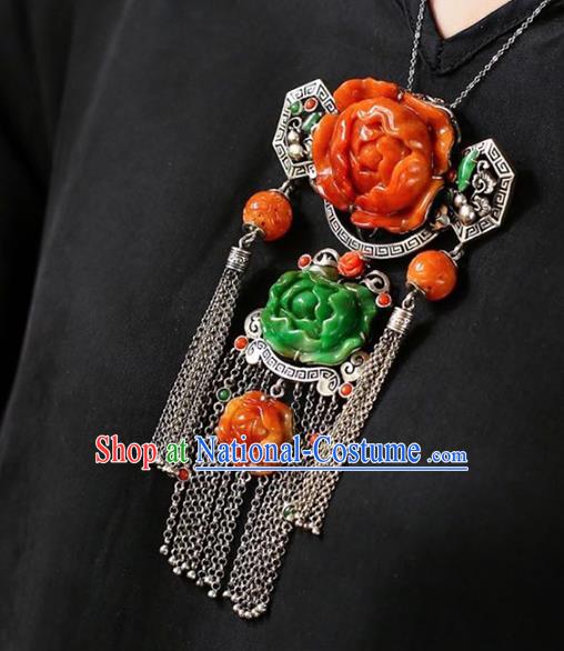 Chinese National Classical Jade Carving Peony Accessories Handmade Silver Tassel Necklet Pendant