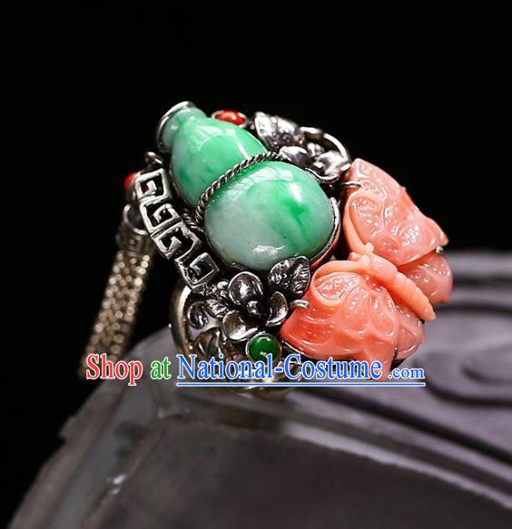 Chinese Traditional Handmade Jade Accessories Agate Butterfly Ring National Silver Circlet Jewelry