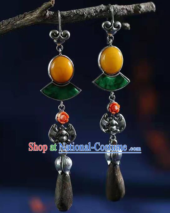 Handmade China Silver Bat Eardrop Jewelry Traditional Cheongsam Jade Accessories National Eaglewood Earrings