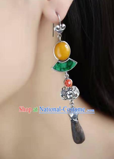 Handmade China Silver Bat Eardrop Jewelry Traditional Cheongsam Jade Accessories National Eaglewood Earrings