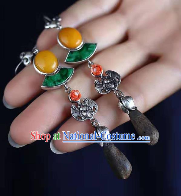 Handmade China Silver Bat Eardrop Jewelry Traditional Cheongsam Jade Accessories National Eaglewood Earrings