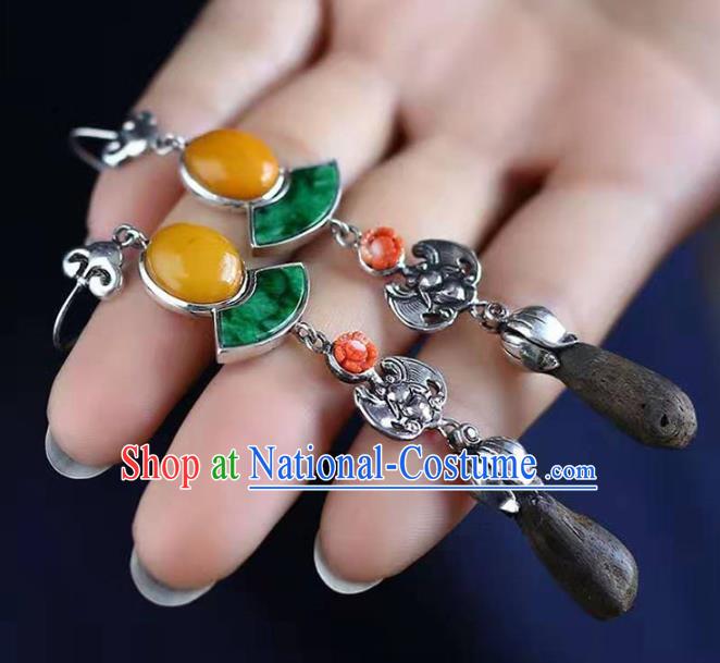 Handmade China Silver Bat Eardrop Jewelry Traditional Cheongsam Jade Accessories National Eaglewood Earrings