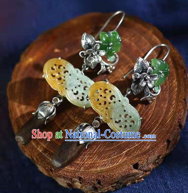 Handmade China Silver Flower Eardrop Jewelry Traditional Cheongsam Eaglewood Accessories National Jade Earrings