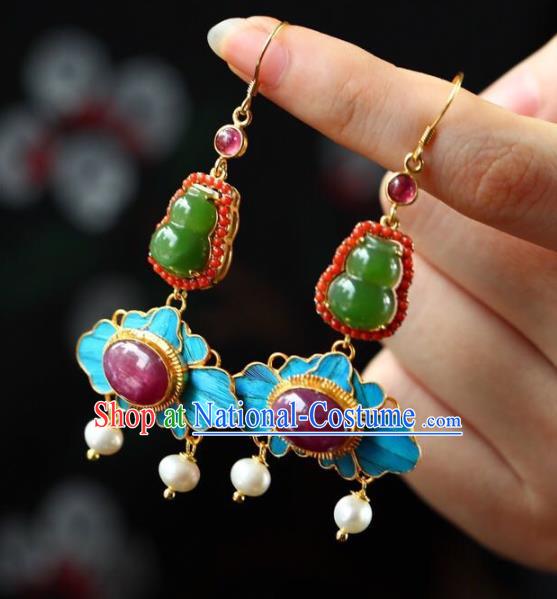 Handmade China Qing Dynasty Ruby Eardrop Jewelry Traditional Cheongsam Accessories National Jade Gourd Earrings