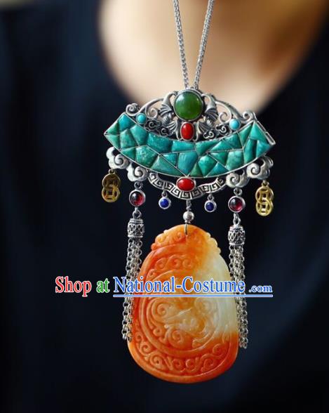 Chinese Classical Kallaite Silver Necklet Pendant Handmade Accessories National Jade Carving Necklace