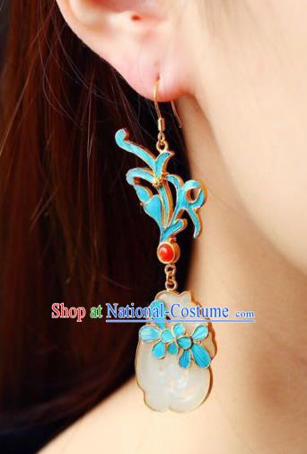 Handmade China White Jade Eardrop Jewelry Traditional Accessories National Cheongsam Orchid Earrings