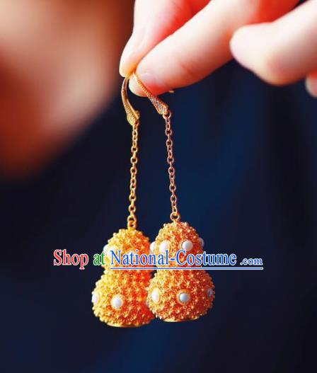 Handmade China Pearls Eardrop Jewelry Traditional Accessories National Cheongsam Golden Gourd Earrings