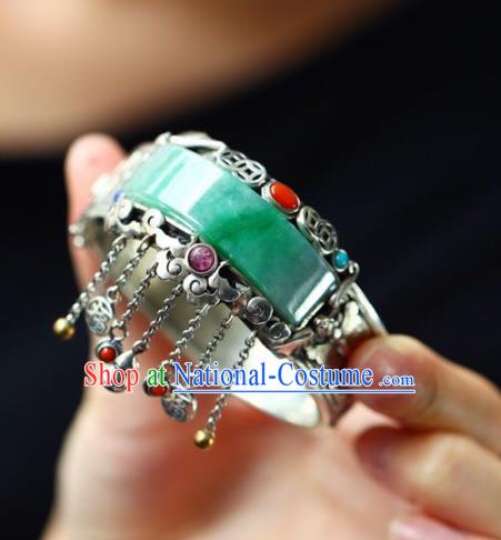 China National Silver Carving Bangle Traditional Court Jewelry Accessories Handmade Gourd Tassel Jadeite Bracelet