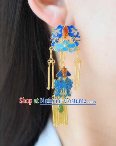 Handmade China Blueing Bat Eardrop Jewelry Traditional Accessories National Cheongsam Golden Tassel Earrings