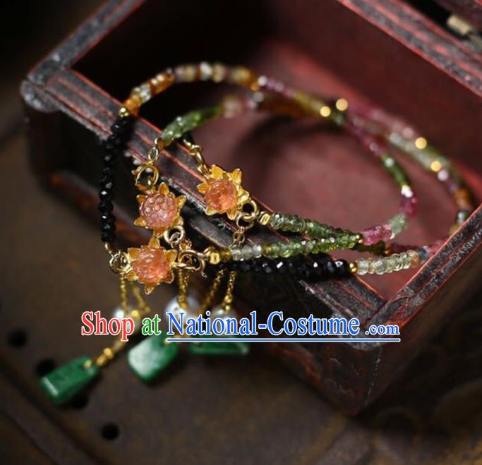 China National Tourmaline Lotus Bangle Traditional Jewelry Accessories Handmade Jadeite Tassel Bracelet