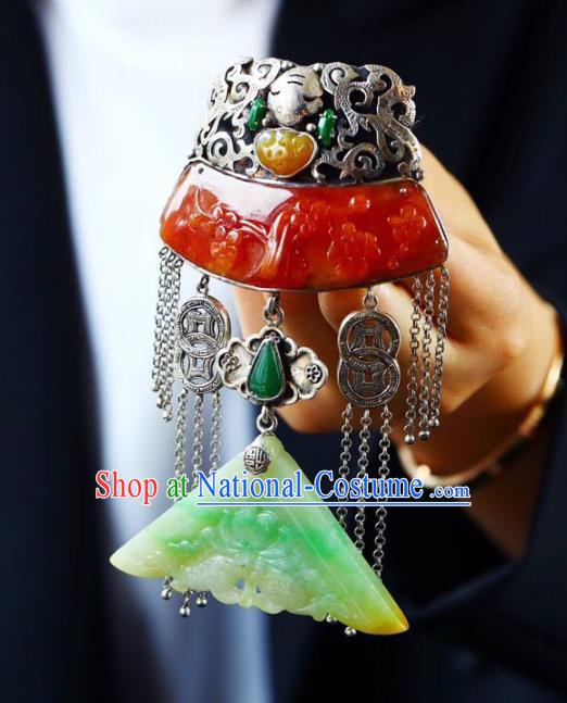 Chinese Classical Red Jade Carving Necklet Pendant Handmade Accessories National Silver Necklace