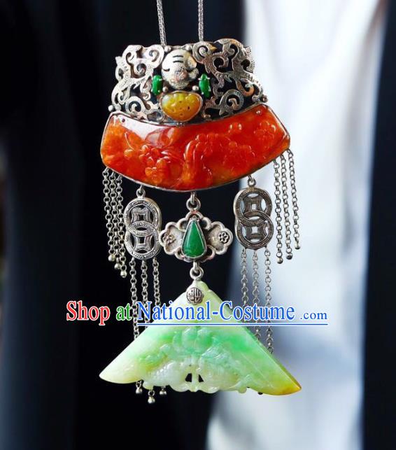 Chinese Classical Red Jade Carving Necklet Pendant Handmade Accessories National Silver Necklace