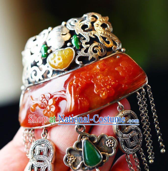 Chinese Classical Red Jade Carving Necklet Pendant Handmade Accessories National Silver Necklace