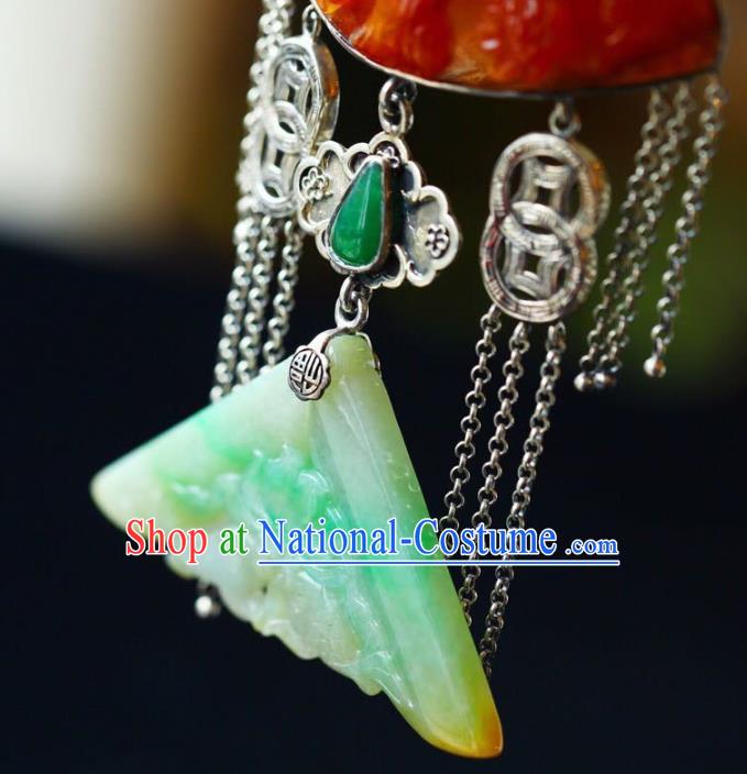 Chinese Classical Red Jade Carving Necklet Pendant Handmade Accessories National Silver Necklace