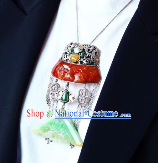 Chinese Classical Red Jade Carving Necklet Pendant Handmade Accessories National Silver Necklace