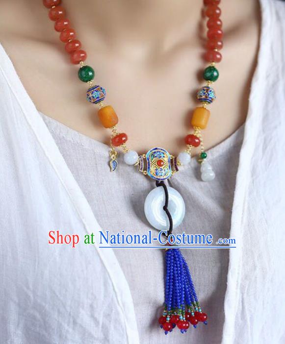 Chinese Classical Agate Necklet Pendant Handmade Jade Accessories National Blue Beads Tassel Necklace