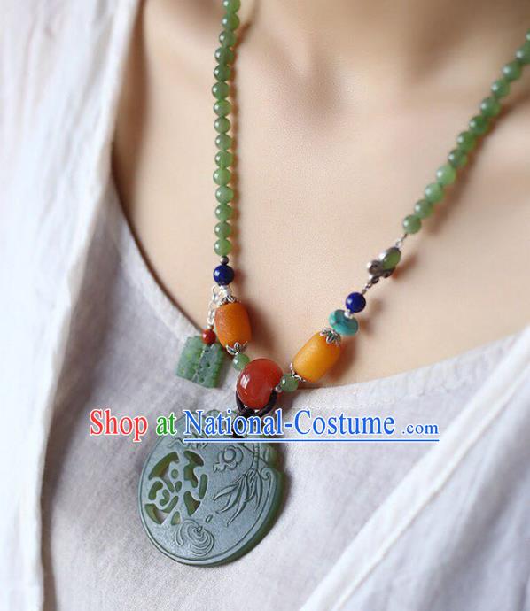 Chinese Classical Jade Beads Necklet Pendant Handmade Beeswax Accessories National Wedding Necklace