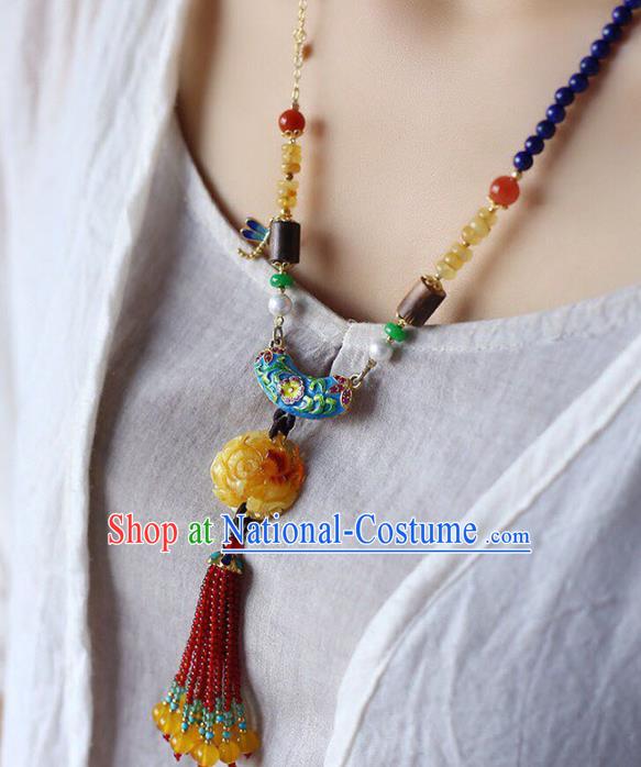 Chinese Classical Cloisonne Necklet Pendant Handmade Beeswax Accessories National Garnet Beads Tassel Necklace