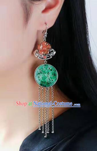 Handmade China Cheongsam Agate Plum Eardrop Traditional Silver Tassel Jewelry Accessories National Jade Earrings