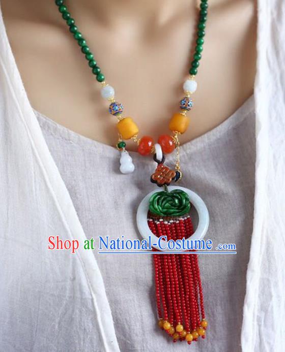 Chinese Classical Garnet Beads Tassel Necklet Pendant Handmade Jadeite Accessories National Necklace