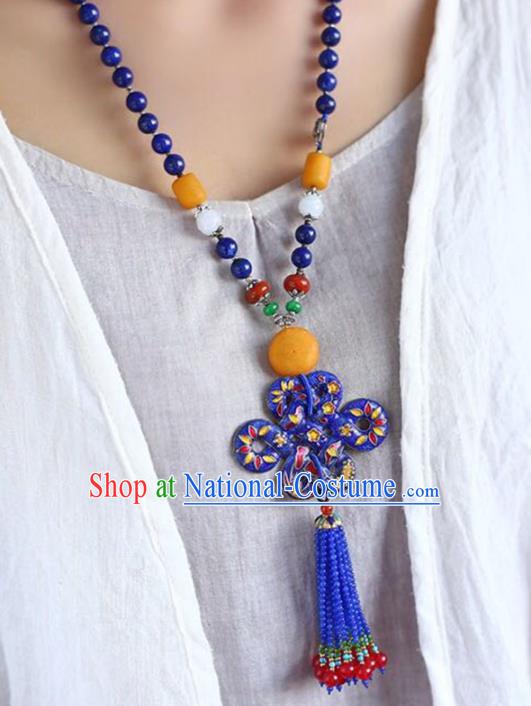 Chinese Classical Lapis Beads Tassel Necklet Pendant Handmade Accessories National Cloisonne Necklace