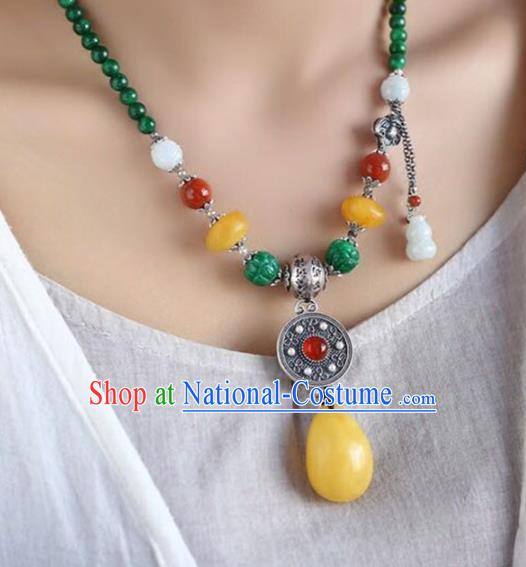 Chinese Classical Beeswax Necklet Pendant Handmade Silver Accessories National Jadeite Beads Necklace