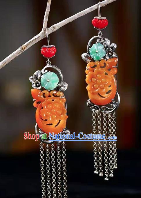 Handmade China National Earrings Traditional Silver Jewelry Accessories Cheongsam Yellow Jade Eardrop