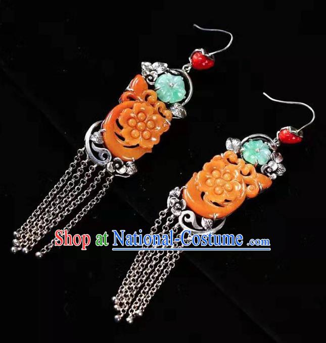 Handmade China National Earrings Traditional Silver Jewelry Accessories Cheongsam Yellow Jade Eardrop