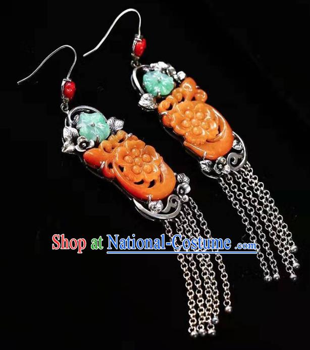 Handmade China National Earrings Traditional Silver Jewelry Accessories Cheongsam Yellow Jade Eardrop