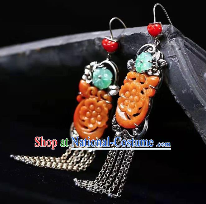 Handmade China National Earrings Traditional Silver Jewelry Accessories Cheongsam Yellow Jade Eardrop