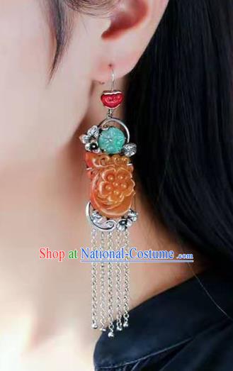 Handmade China National Earrings Traditional Silver Jewelry Accessories Cheongsam Yellow Jade Eardrop