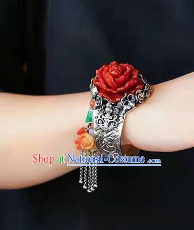 China Handmade Retro Silver Carving Bracelet Traditional Jewelry Accessories National Agate Peony Bangle