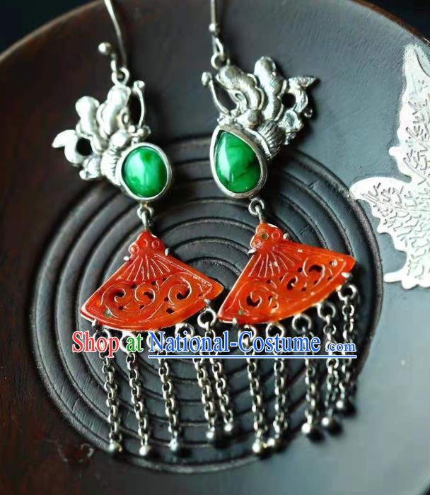 Handmade China Red Jade Eardrop Jewelry Traditional Cheongsam Accessories National Silver Butterfly Tassel Earrings