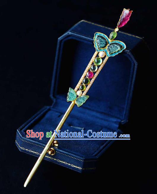 Chinese Handmade Qing Dynasty Court Tourmaline Butterfly Hair Accessories Traditional Ancient Empress Hairpin Gems Jewelry