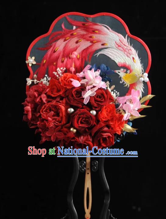 China Embroidered Phoenix Palace Fan Traditional Silk Fan Handmade Red Rose Wedding Fan