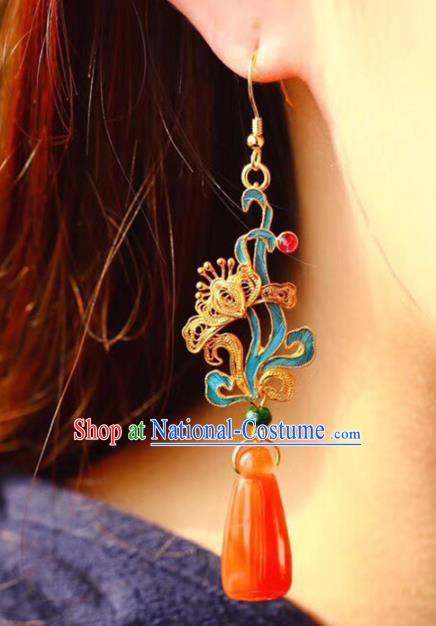 Handmade China Wedding Agate Eardrop Jewelry Traditional Cheongsam Accessories National Filigree Butterfly Earrings