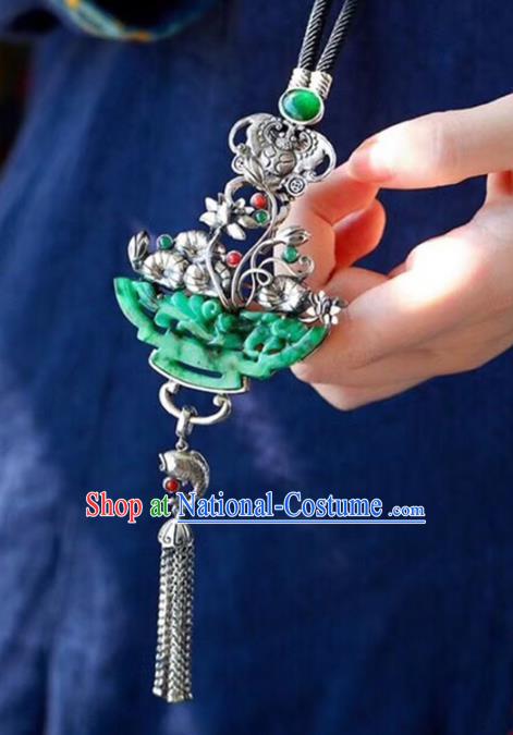 Chinese Classical Jadeite Carving Necklet Pendant Handmade Accessories National Silver Lotus Tassel Necklace