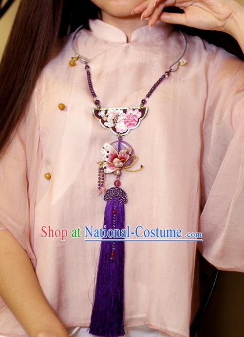 Chinese Classical Embroidered Butterfly Necklet Pendant Handmade Accessories National Purple Tassel Necklace