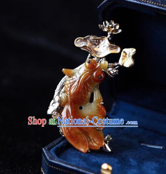 Chinese National Yellow Jade Goldfish Brooch Jewelry Traditional Handmade Silver Lotus Accessories