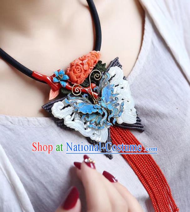 Chinese Classical Jade Butterfly Tassel Necklet Pendant Handmade National Necklace Accessories