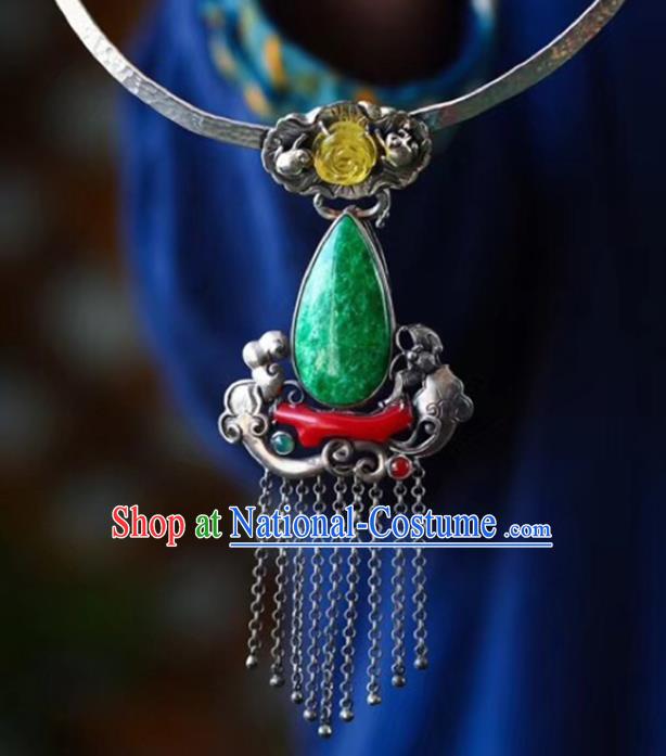 Chinese Classical Silver Tassel Necklet Jade Pendant Handmade National Topaz Rose Necklace Accessories