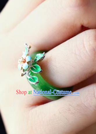 Chinese National Blueing Flower Ring Jewelry Traditional Handmade Silver Jade Circlet Accessories