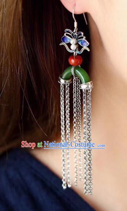 Handmade China Blueing Silver Butterfly Eardrop Jewelry Traditional Cheongsam Accessories National Jade Tassel Earrings