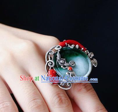 Chinese Traditional Handmade Jadeite Accessories Silver Ring National Circlet Jewelry