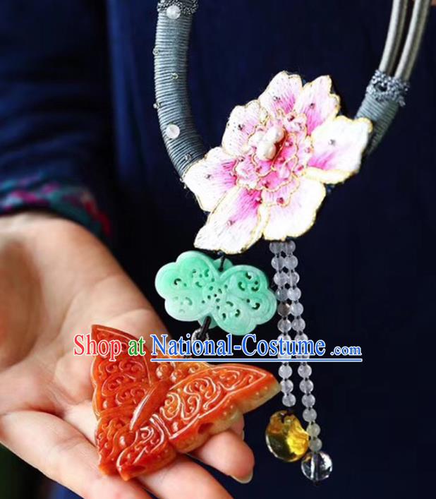 Chinese Classical Red Jade Butterfly Necklet Pendant Handmade National Embroidered Peony Necklace Accessories